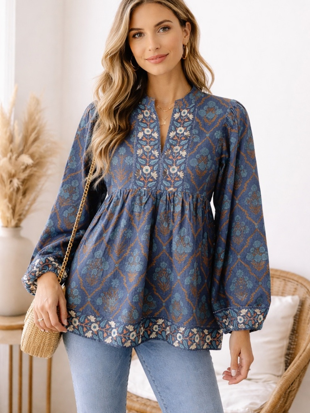 New Victoria Dunn Boho  Chic Block Print Blue Floral pleasant Blouse Sz M